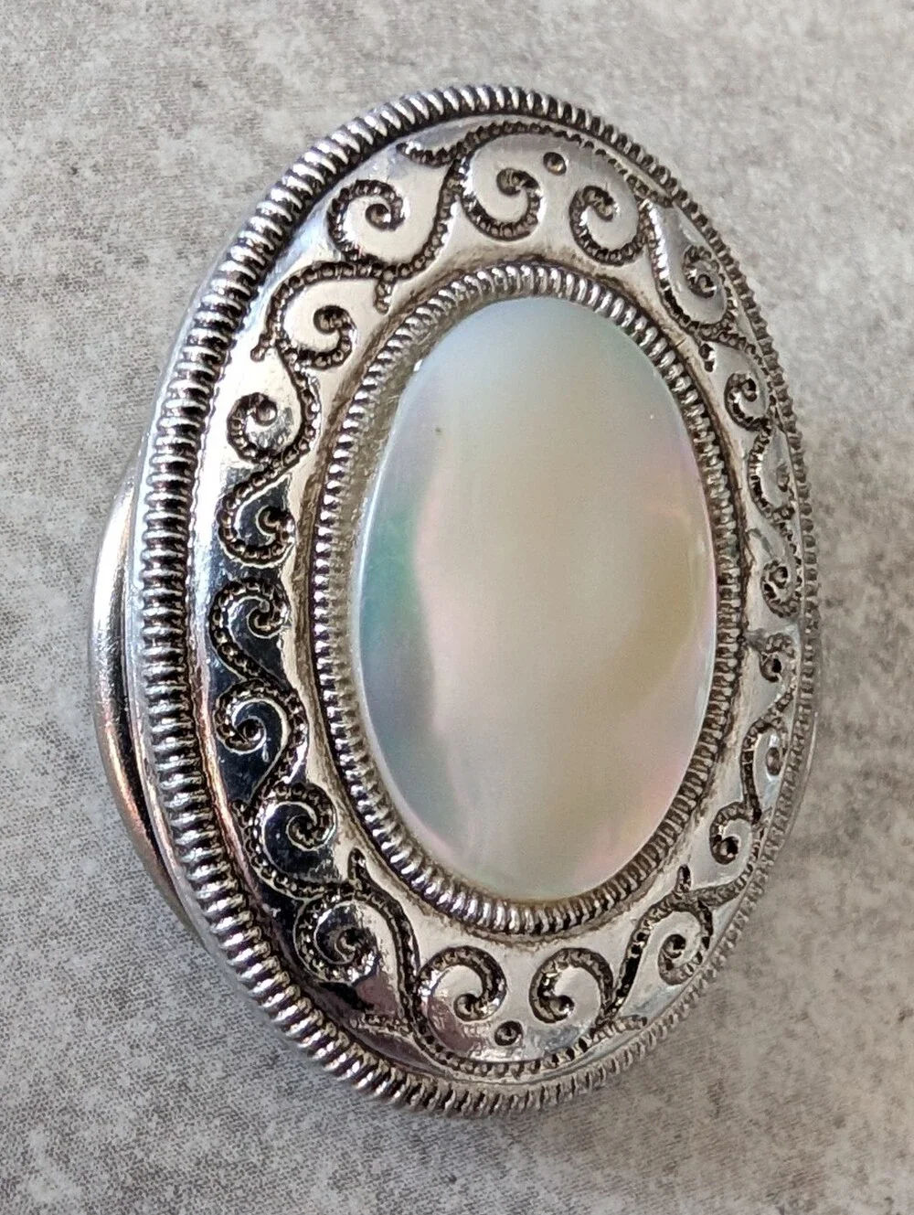Vintage German Signed Iridescent Mother Of Pearl Silver Tone Small Scarf Clip
